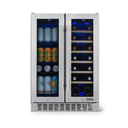 Newair 24” Premium Built-in Dual Zone 20 Bottle and 60 Can French Door Wine and Beverage Fridge in Stainless Steel with SplitShelf™ and Beech Wood Shelves Beverage Fridge