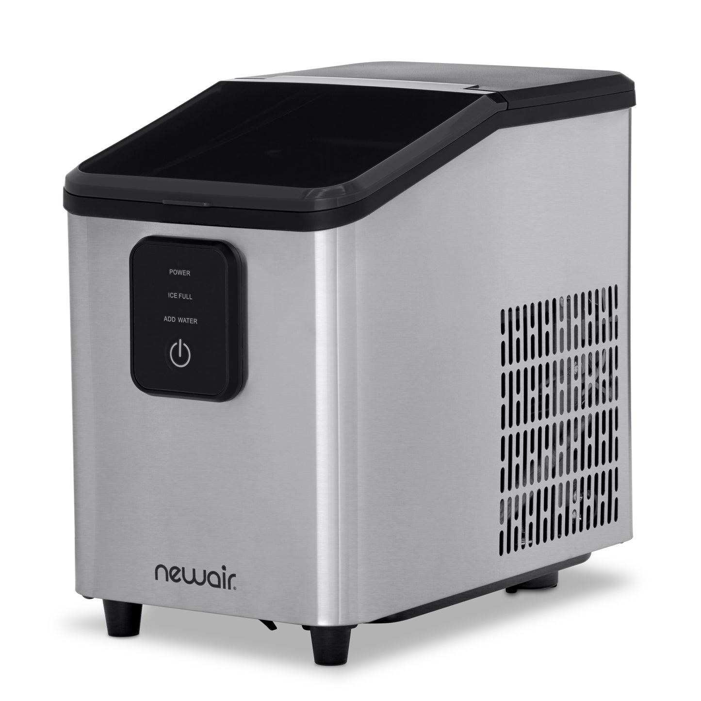 The Newair AI-110SS ice maker photographed at an angle against a white background under studio lighting.