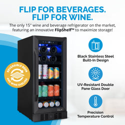 Newair 15” FlipShelf™ Wine and Beverage Refrigerator, Reversible Shelves Hold 80 Cans or 33 Bottles, Black Stainless Steel & Double-Layer Tempered Glass Door, Quiet Compressor Cooling, Compact Wine Cellar, Built-in Counter or Freestanding Fridge Beverage Fridge    
