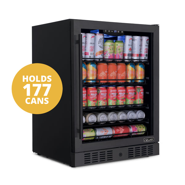 Newair 24” Beverage Refrigerator Cooler, 177 Can Black Stainless Steel with Triple-Layer Tempered Glass Door, Built-in Counter or Freestanding Fridge, Compressor Cooling, with Precision Digital Temperature Control 37F-65F, Adjustable & Removable Racks Beverage Fridge    