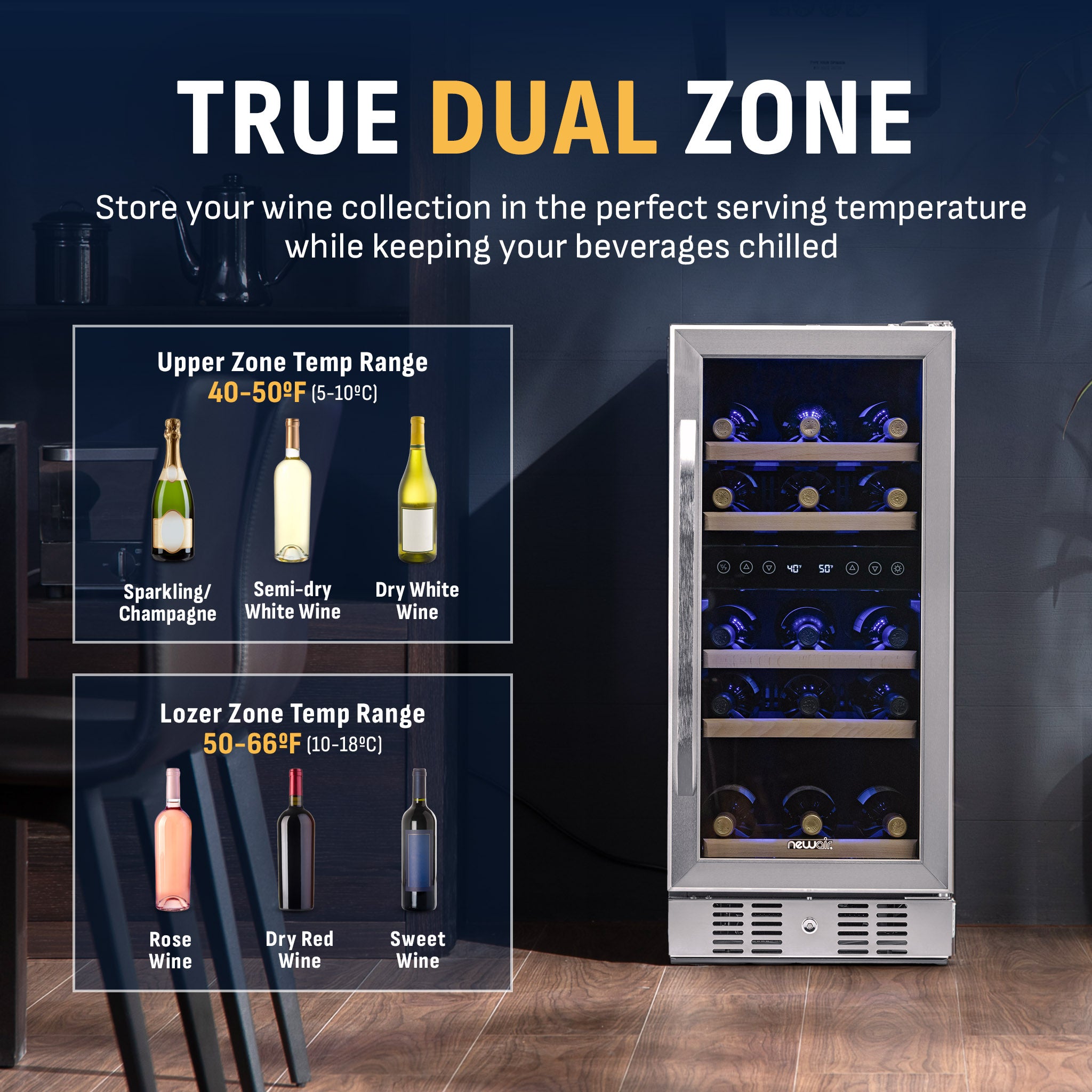 29-Bottle Stainless Steel Built-In Dual Zone Wine Fridge | Newair