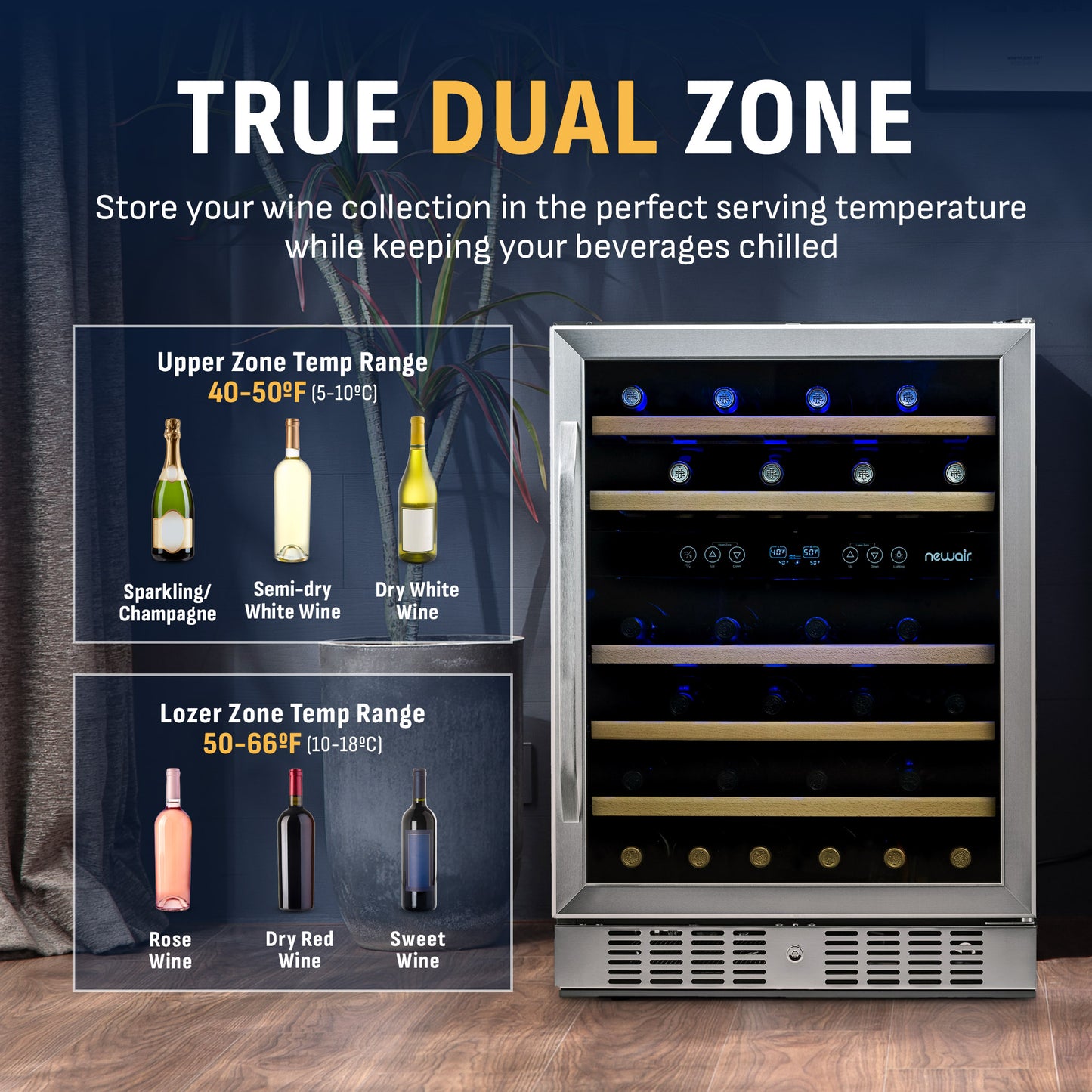 Newair® Premium 46-Bottle Built-In Dual Zone Wine Fridge in Stainless Steel -  23.5"