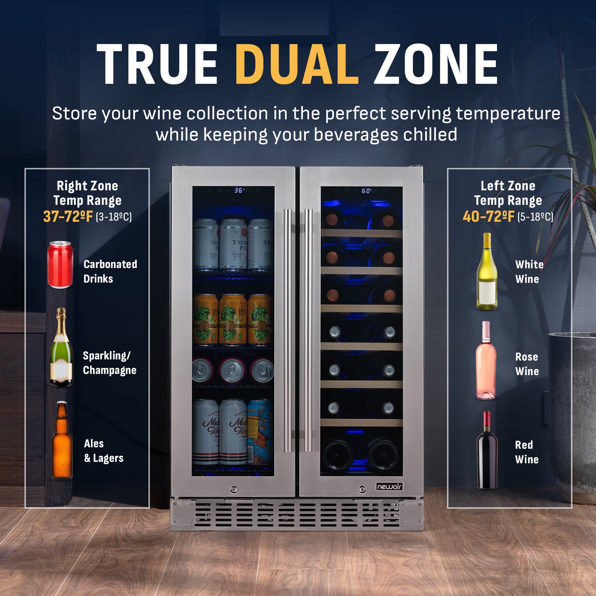 58-Can, 18-Bottle Premium Built-in Dual Zone Beverage Fridge | Newair