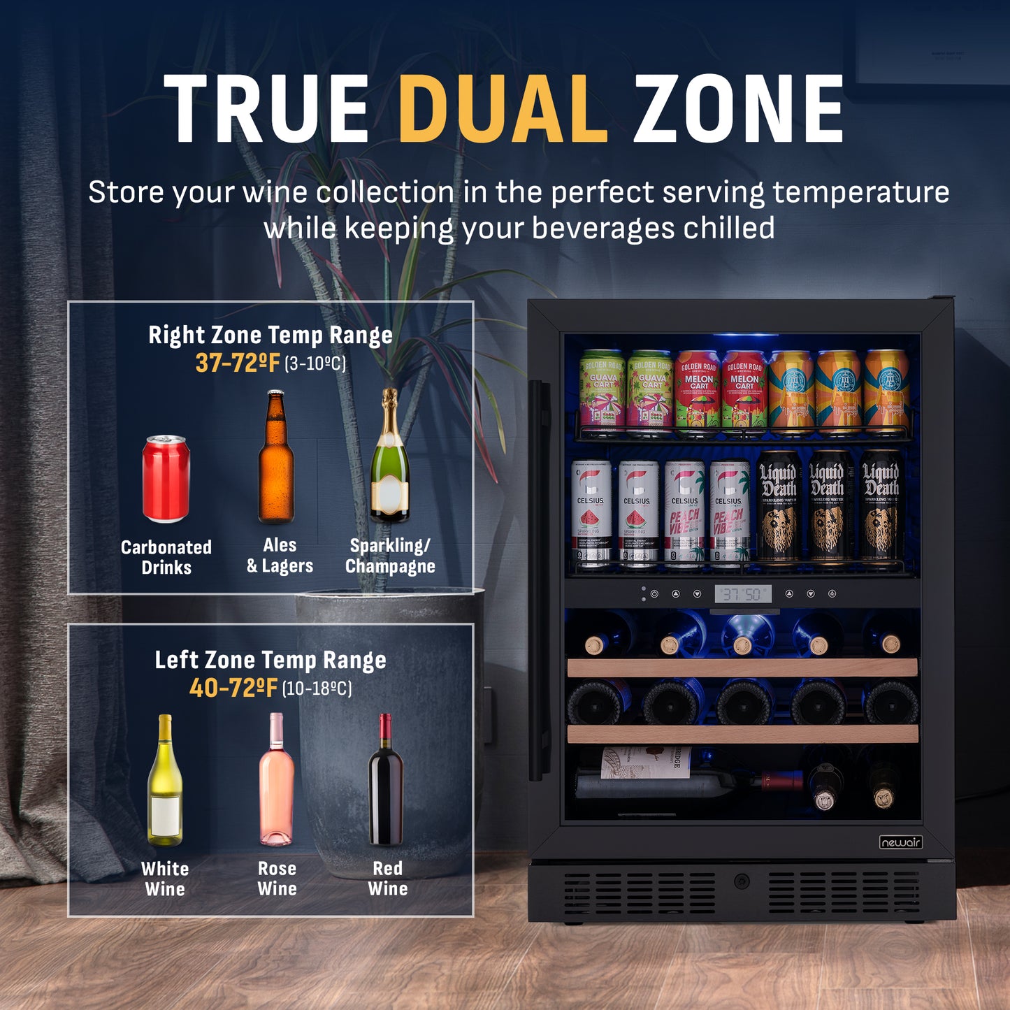 Newair® 100-Can, 24-Bottle Built-in Dual Zone Black Beverage Fridge - 24"