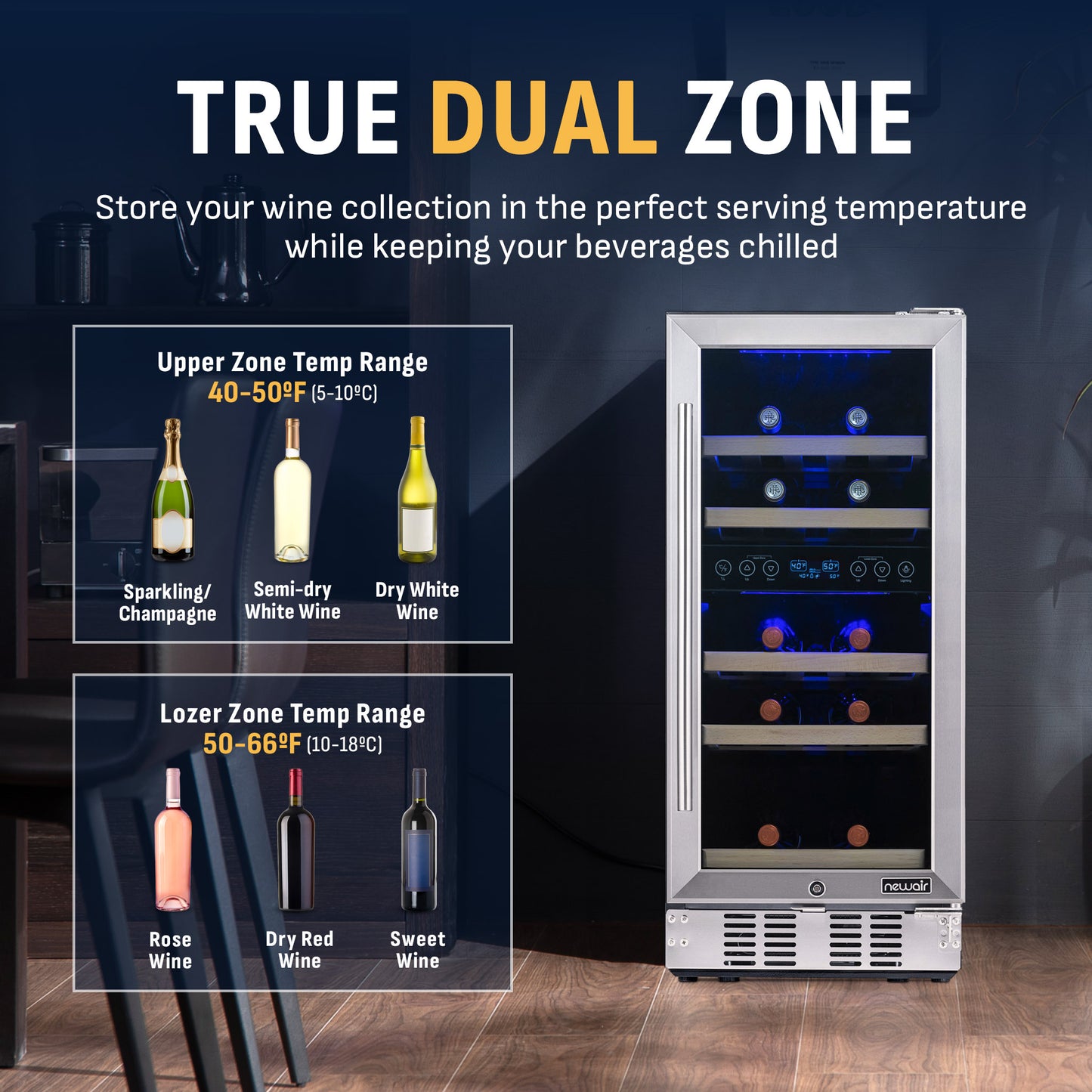 Newair® 29-Bottle 14.8" Stainless Steel Built-In Dual Zone Wine Fridge