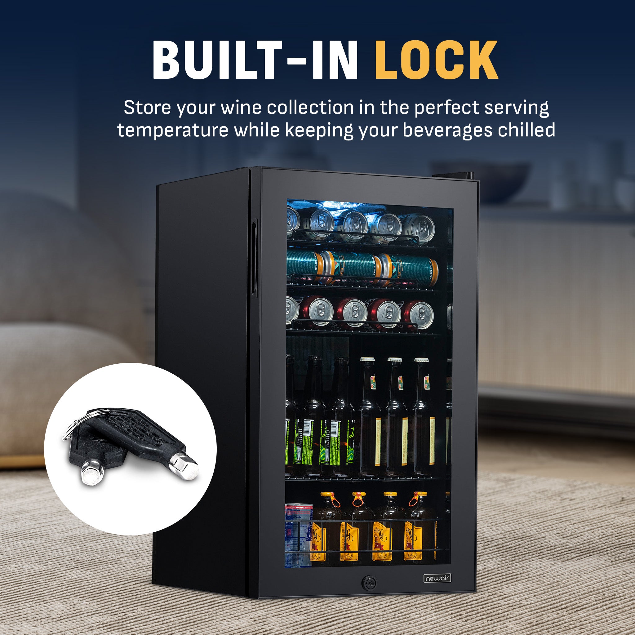 126-Can Freestanding Black Beverage Fridge | Newair
