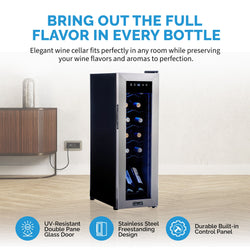 Newair 12 Bottle Wine Cooler Refrigerator, Freestanding Wine Fridge with Stainless Steel & Double-Layer Tempered Glass Door, Quiet Compressor Cooling for Reds, Whites, and Sparkling Wine, 41F-64F Digital Temperature Control, Removable & Adjustable Racks Wine Fridge    