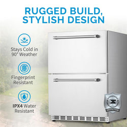 NewAir 24” 4.0 Cu. Ft. Dual Drawer Commercial Grade Wine and Beverage Fridge, Stainless Steel Built-in Design, Weatherproof and Outdoor Rated, Fingerprint Resistant and Slow Closing Door, Wire Basket and 2 Drawer Organizers Included, and Anti-Tip Brackets Beverage Fridge    
