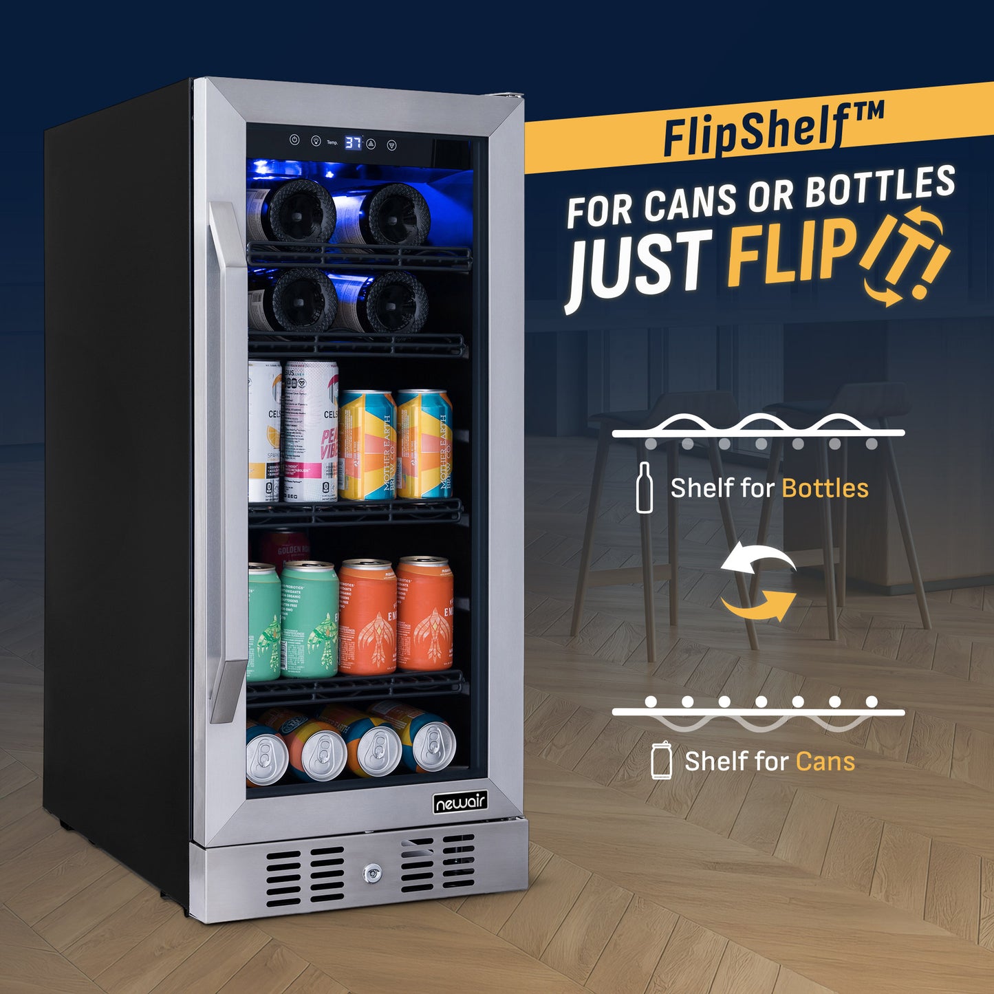 Newair® 80-Can, 33-Bottle Built-in Stainless Steel Beverage Fridge - 15"