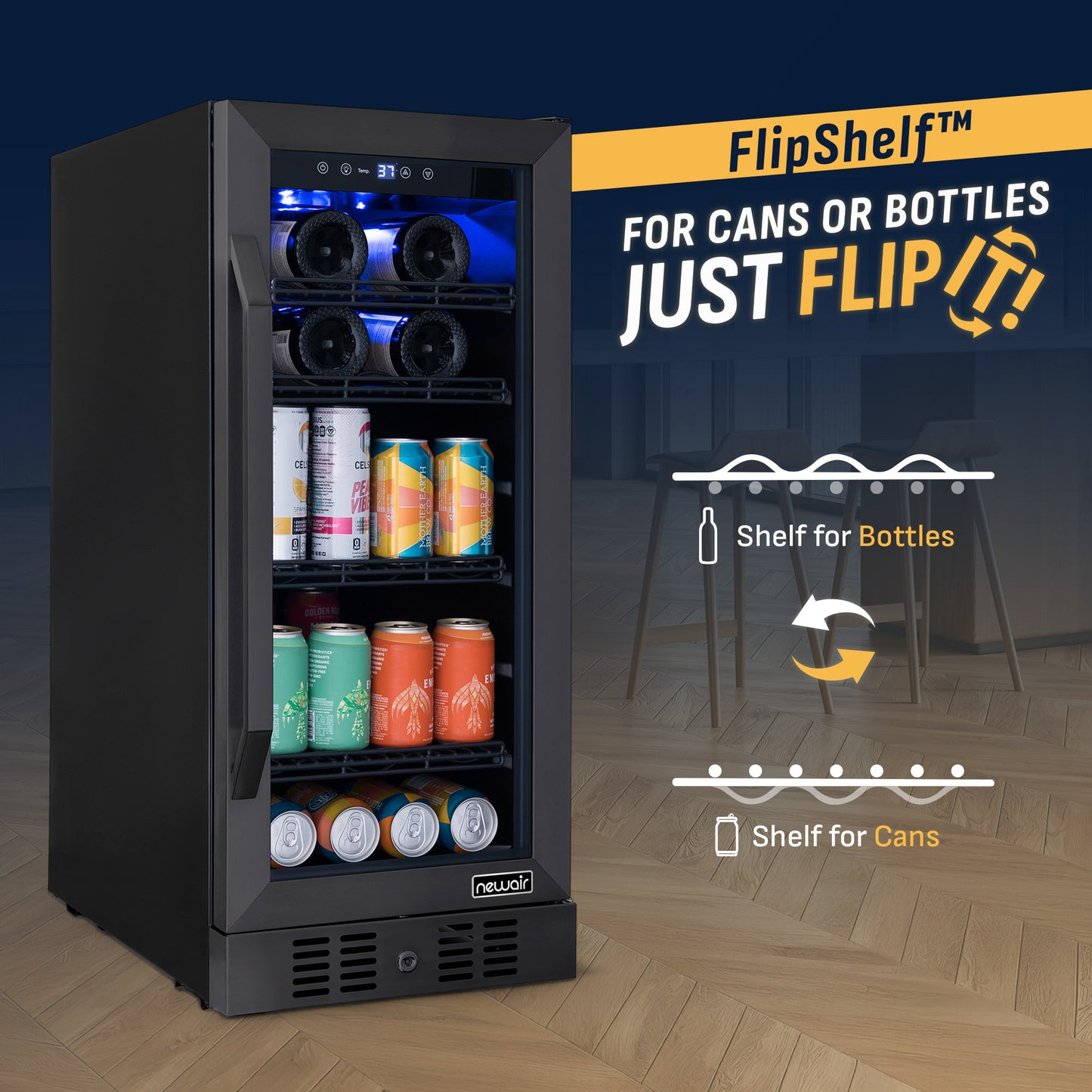 Newair® 80-Can, 33-Bottle Built-in Black Beverage Fridge - 15"