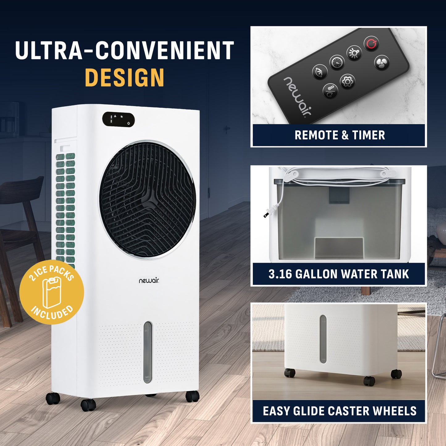 Newair® Evaporative Air Cooler and Portable Cooling Fan 1,600 CFM with Honeycomb Pad Cooling - White