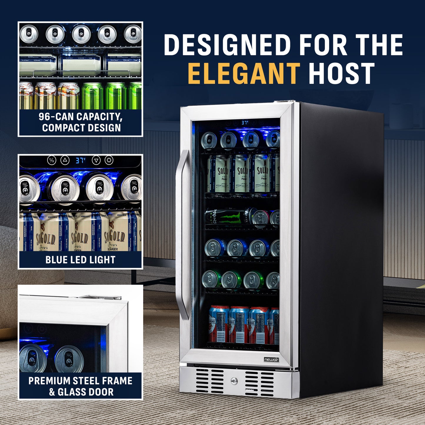 Newair® 96-Can Built-In Stainless Steel Beverage Fridge - 15"