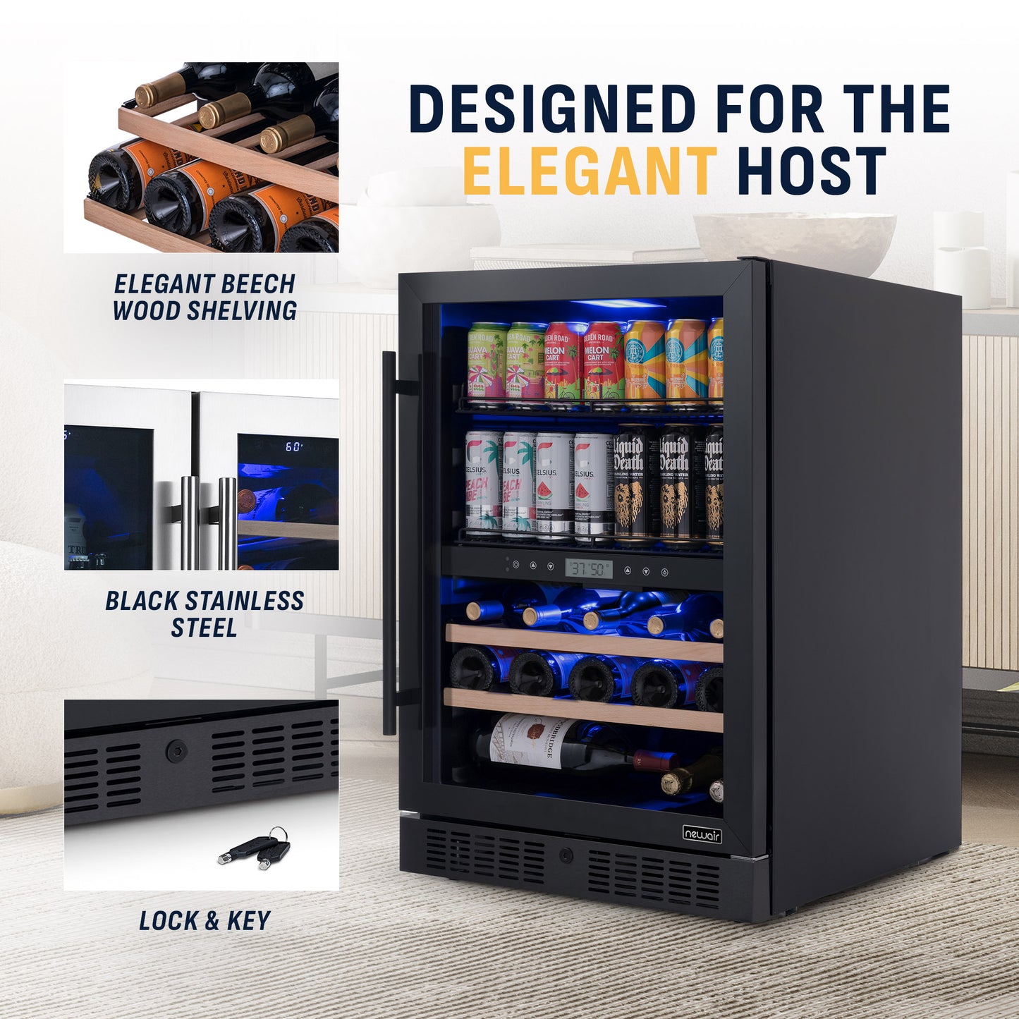 Newair® 100-Can, 24-Bottle Built-in Dual Zone Black Beverage Fridge - 24"