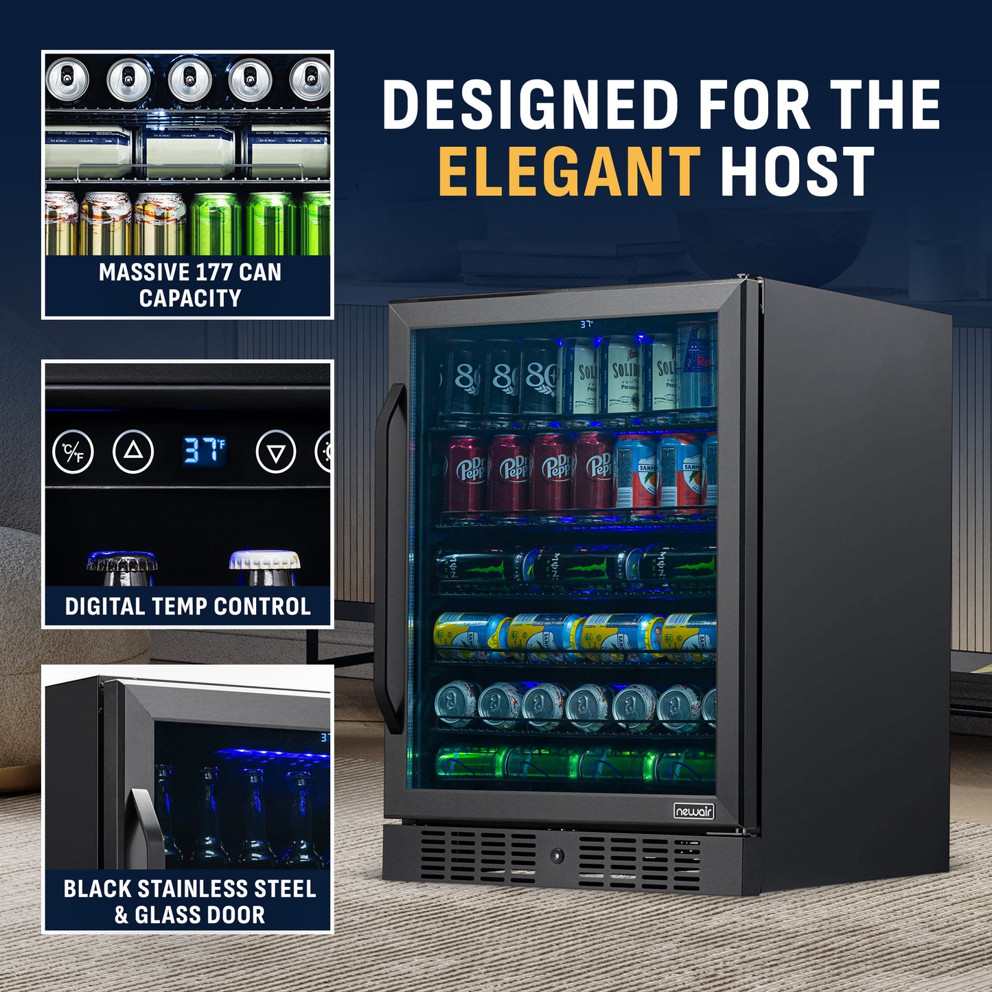 Newair® 177-Can Built-In Black Beverage Fridge - 24"