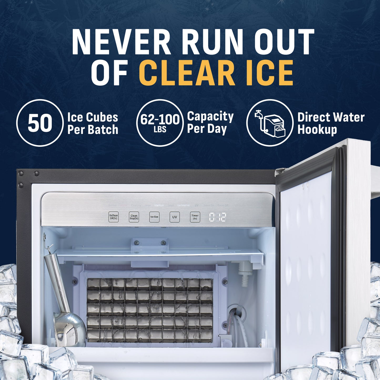 Newair 18” Undercounter Clear Ice Maker, 62–100 lbs