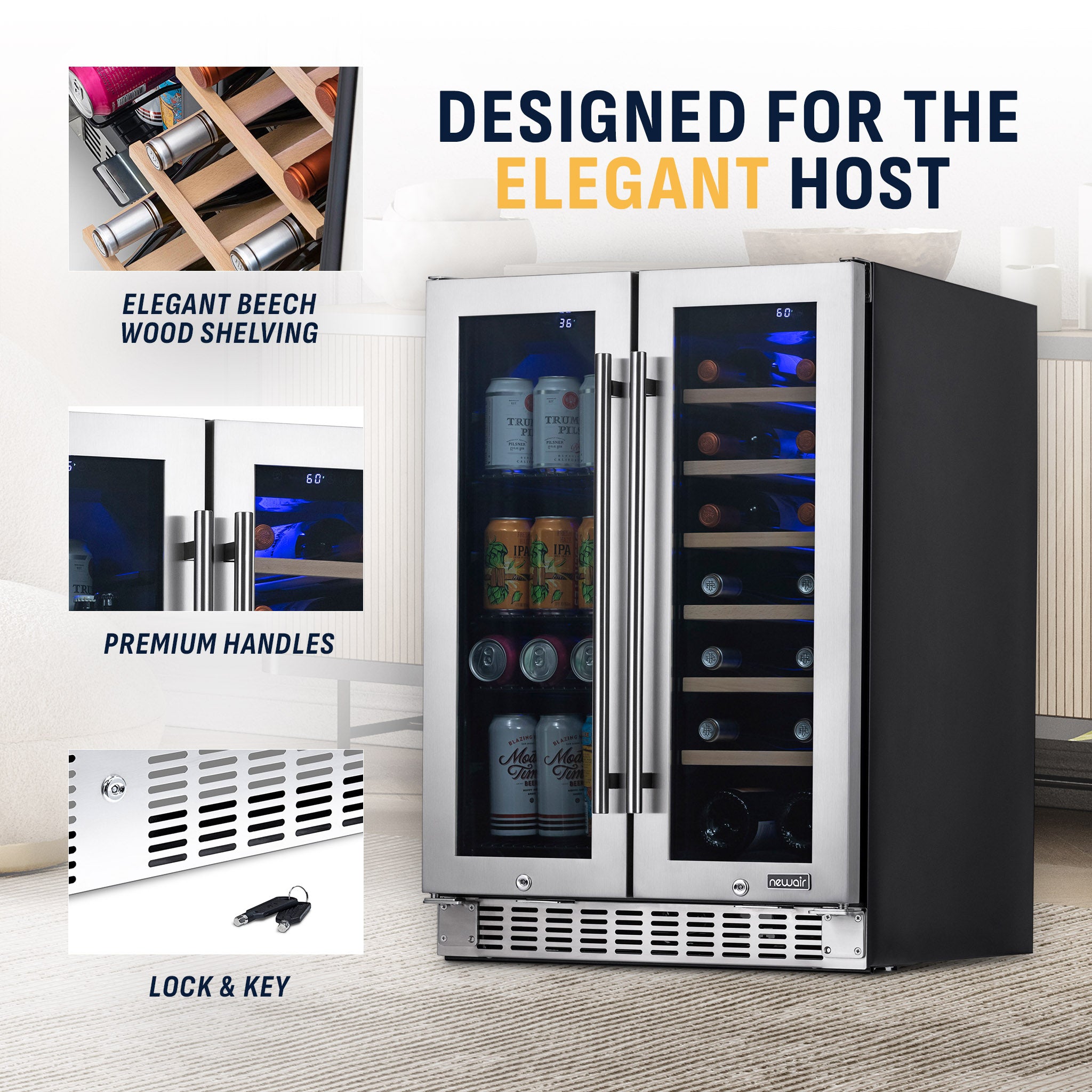 58-Can, 18-Bottle Premium Built-in Dual Zone Beverage Fridge | Newair
