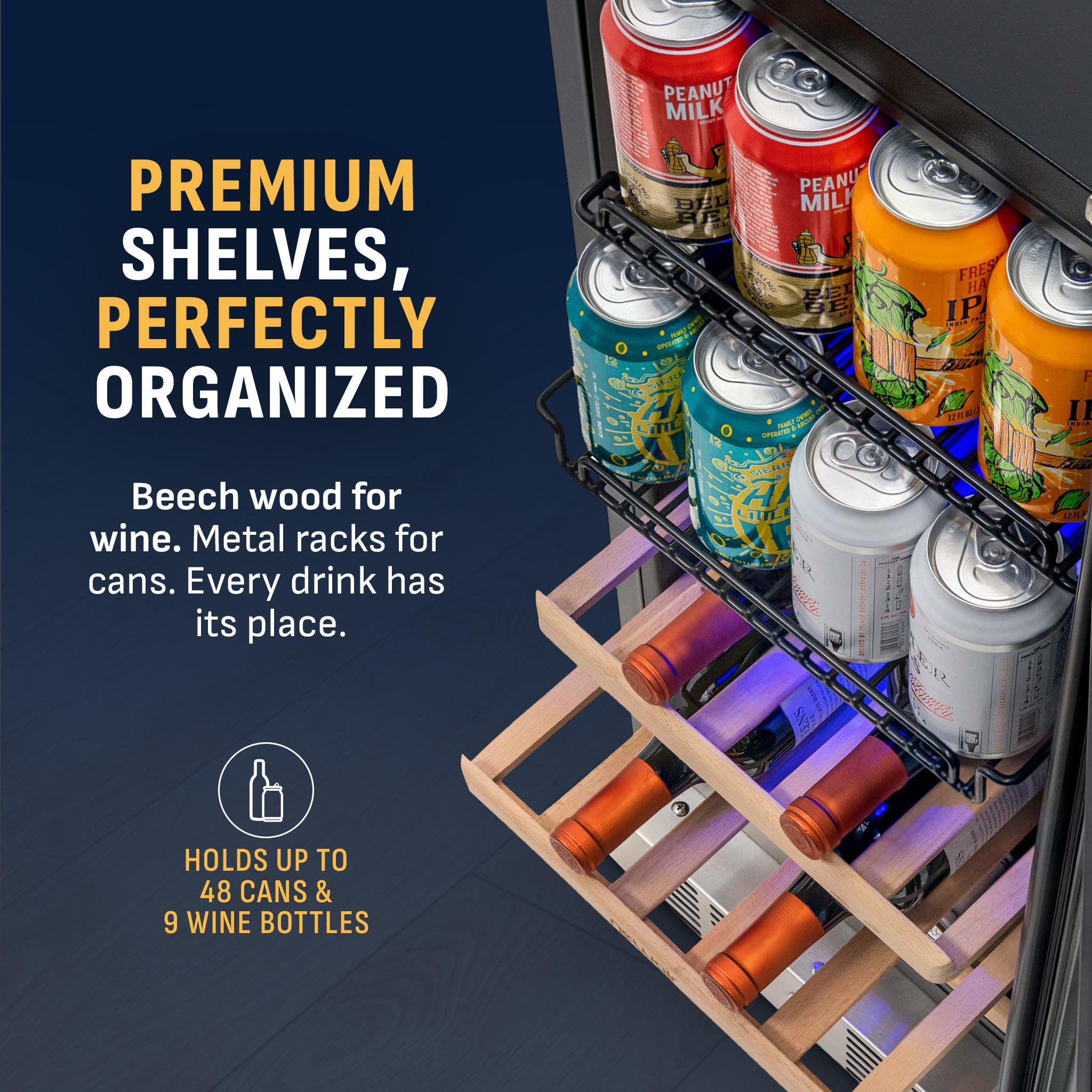 48-Can, 9-Bottle Built-in Dual Zone Beverage Fridge | Newair