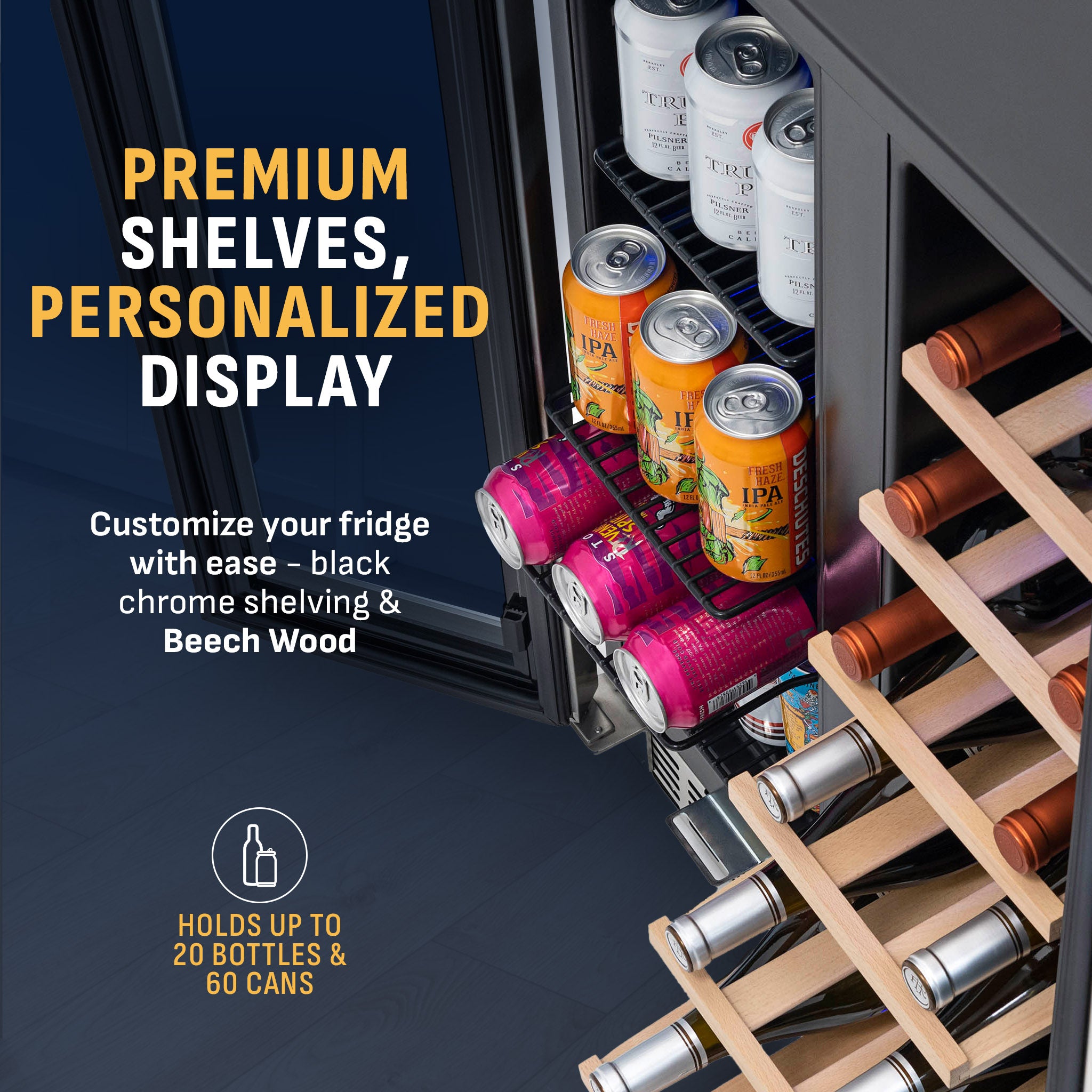 58-Can, 18-Bottle Premium Built-in Dual Zone Beverage Fridge | Newair