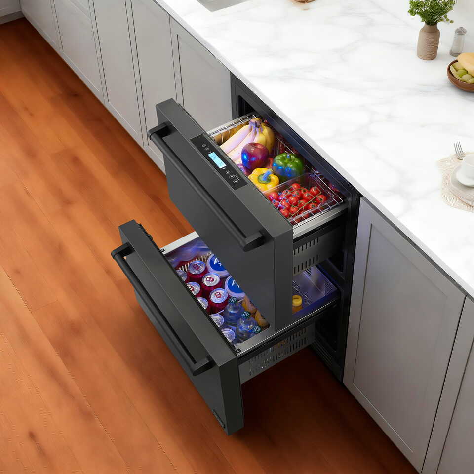 Newair 24 Inch Indoor Outdoor Dual Drawer Freezer Fridge Convertible Refrigerator Black Stainless Steel