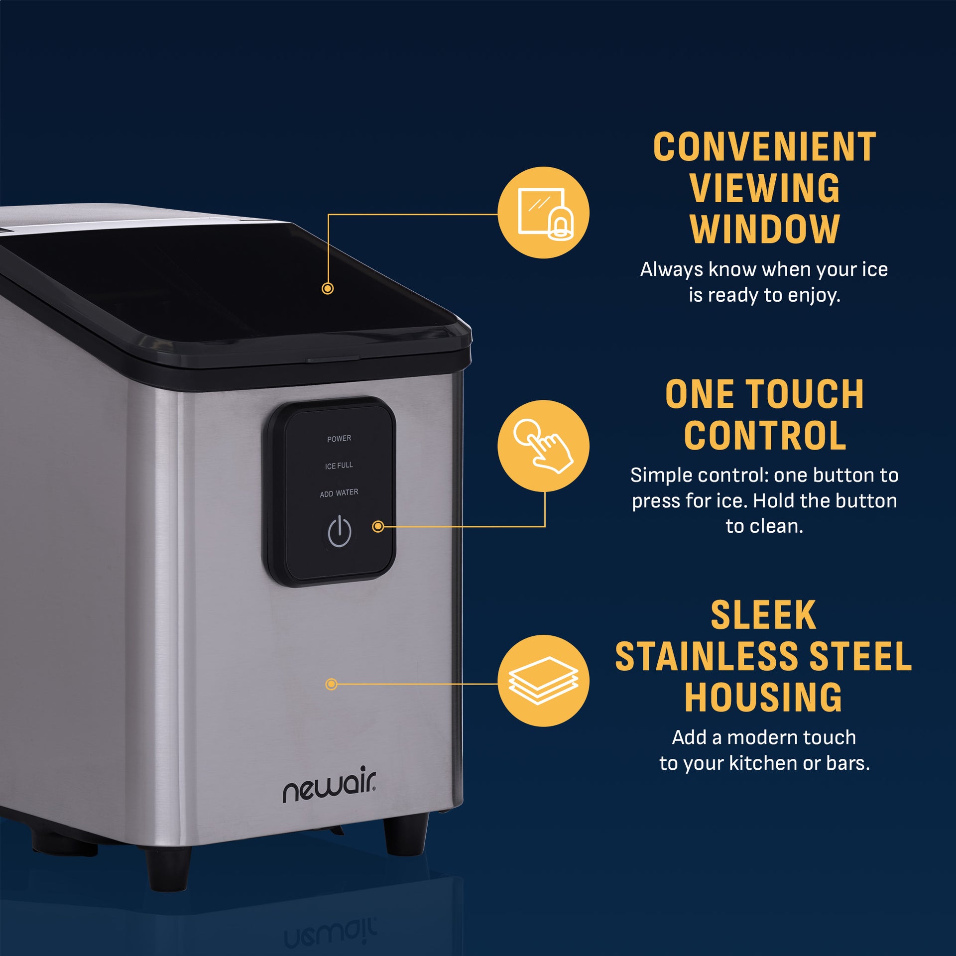 A banner for the Newair AI-110SS ice maker showcasing its large tinted window for viewing and simple one touch control button and sleek stainless steel housing.