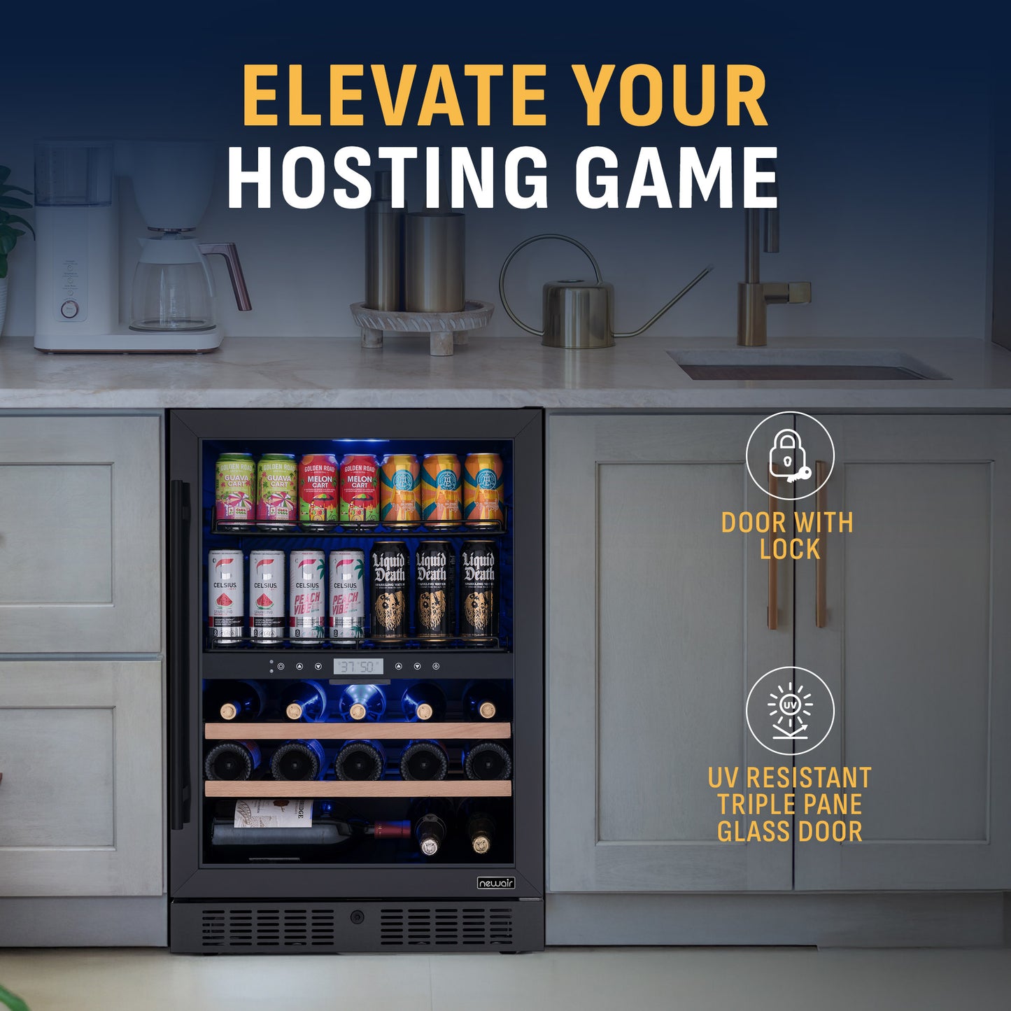 Newair® 100-Can, 24-Bottle Built-in Dual Zone Black Beverage Fridge - 24"