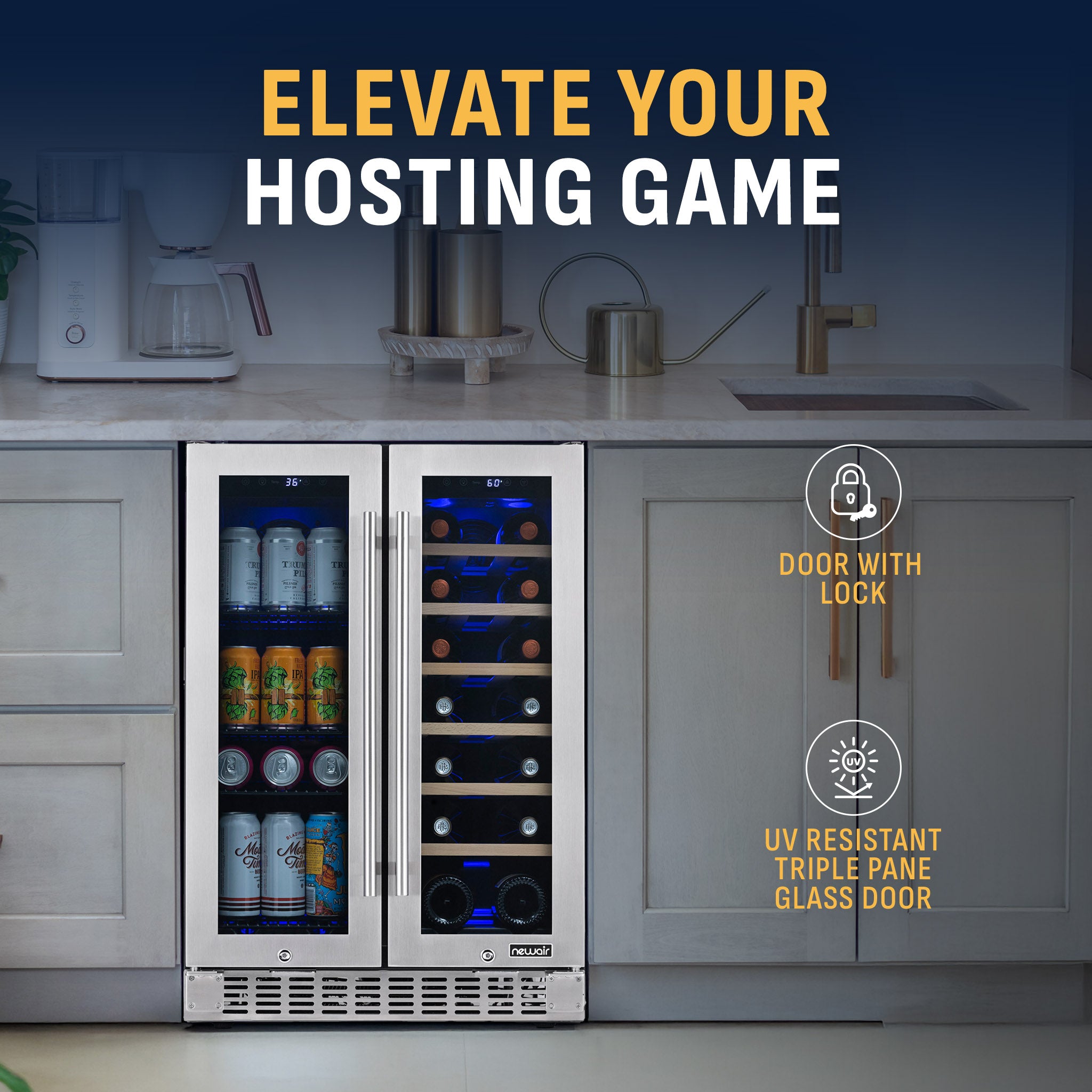 58-Can, 18-Bottle Premium Built-in Dual Zone Beverage Fridge | Newair
