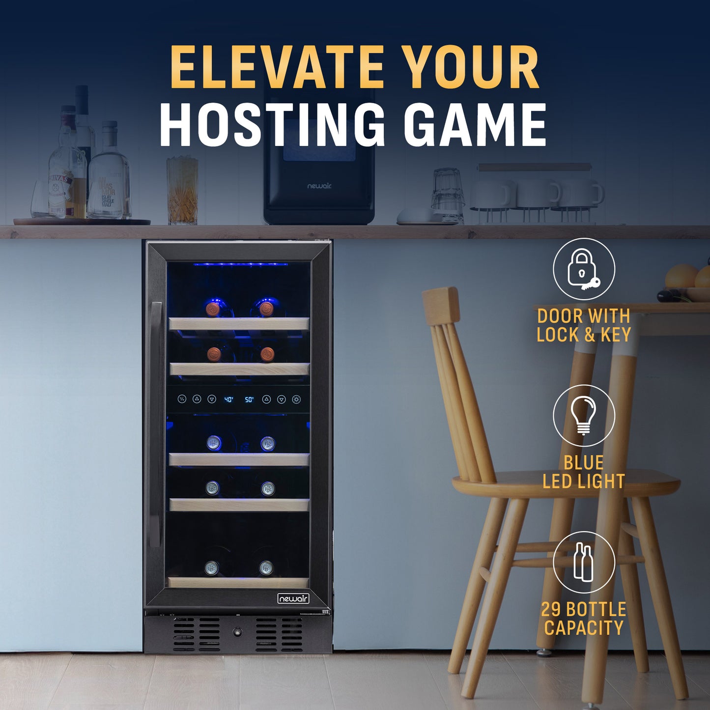 Newair® 29-Bottle 14.8" Black Built-In Dual Zone Wine Fridge