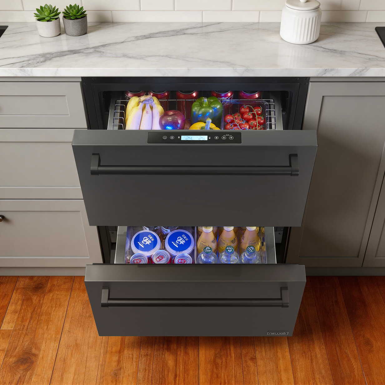 Newair 24 Inch Indoor Outdoor Dual Drawer Freezer Fridge Convertible Refrigerator Black Stainless Steel