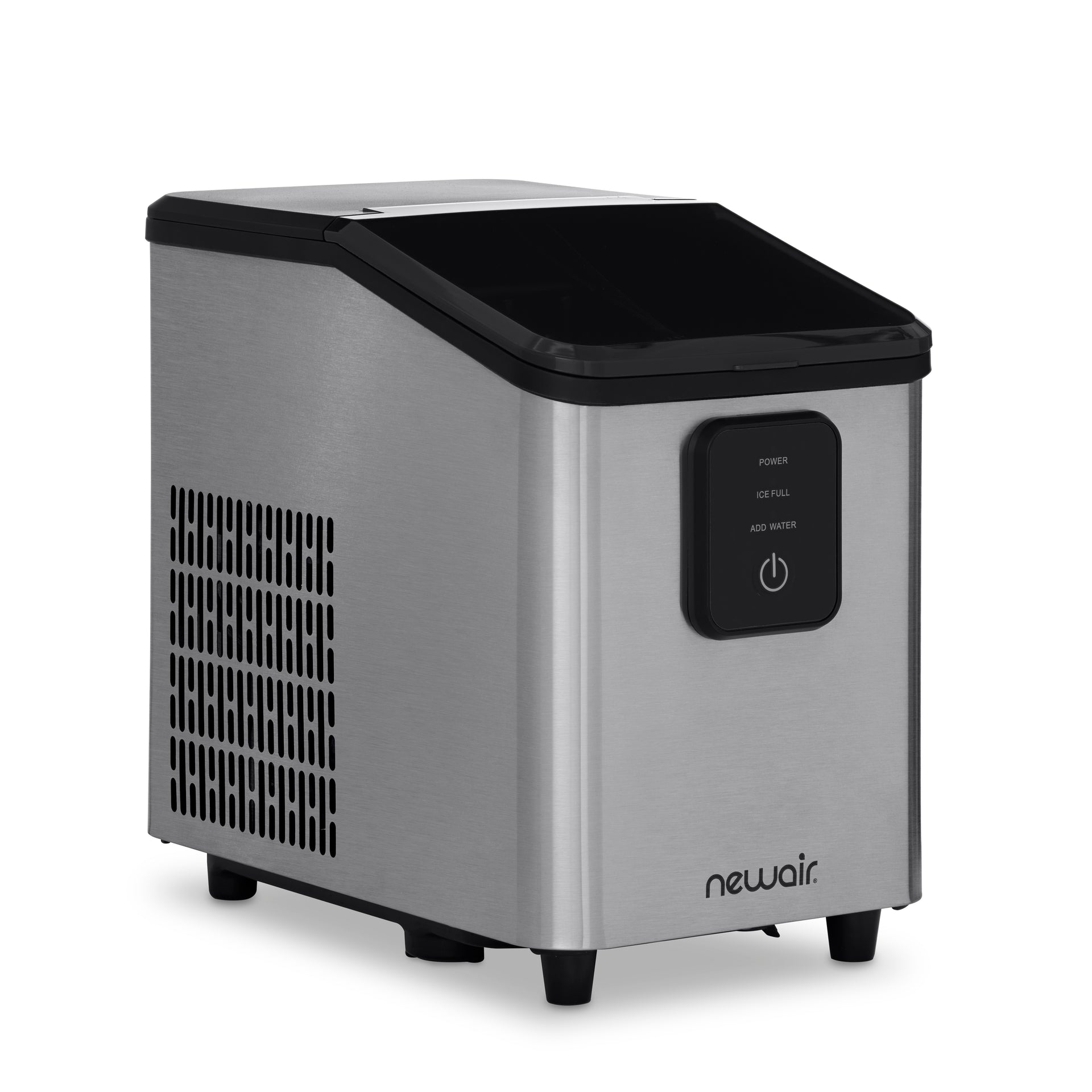 The Newair AI-110SS ice maker photographed at an angle against a white background under studio lighting.