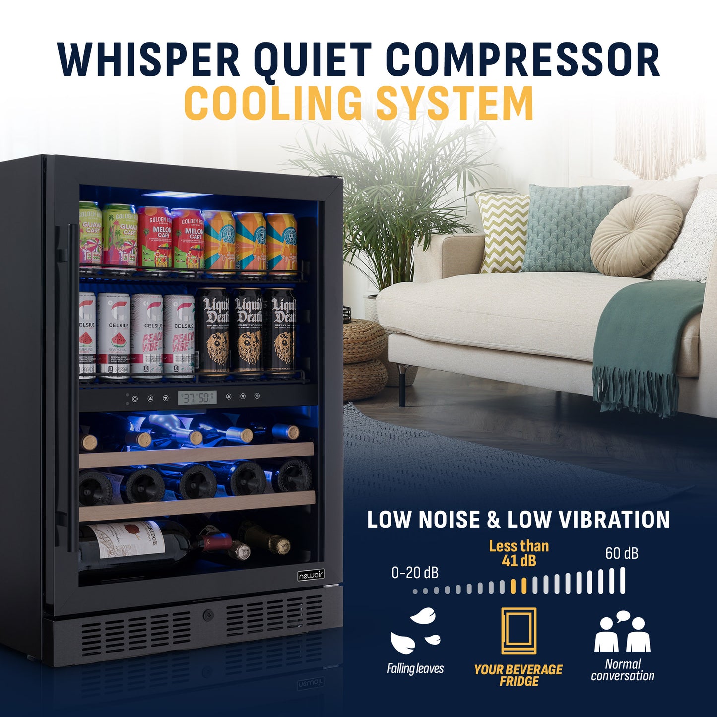 Newair® 100-Can, 24-Bottle Built-in Dual Zone Black Beverage Fridge - 24"