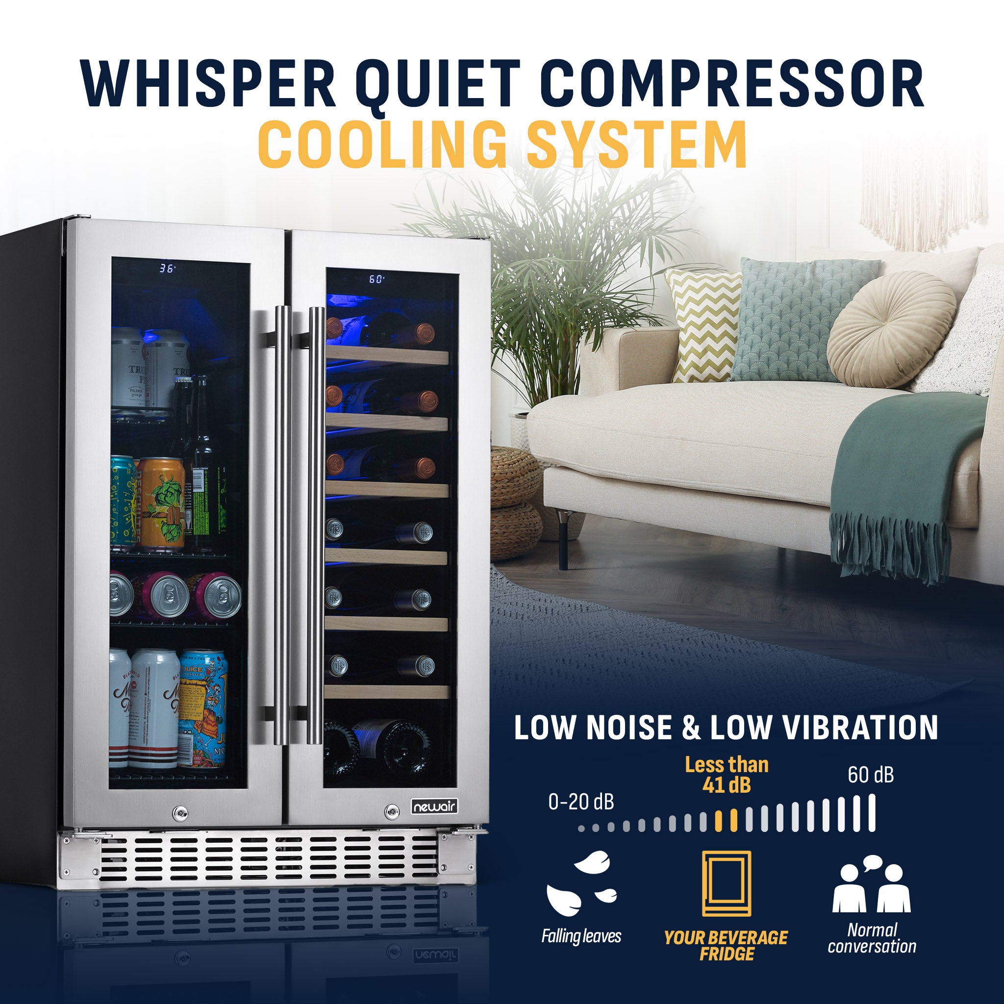 58-Can, 18-Bottle Premium Built-in Dual Zone Beverage Fridge | Newair