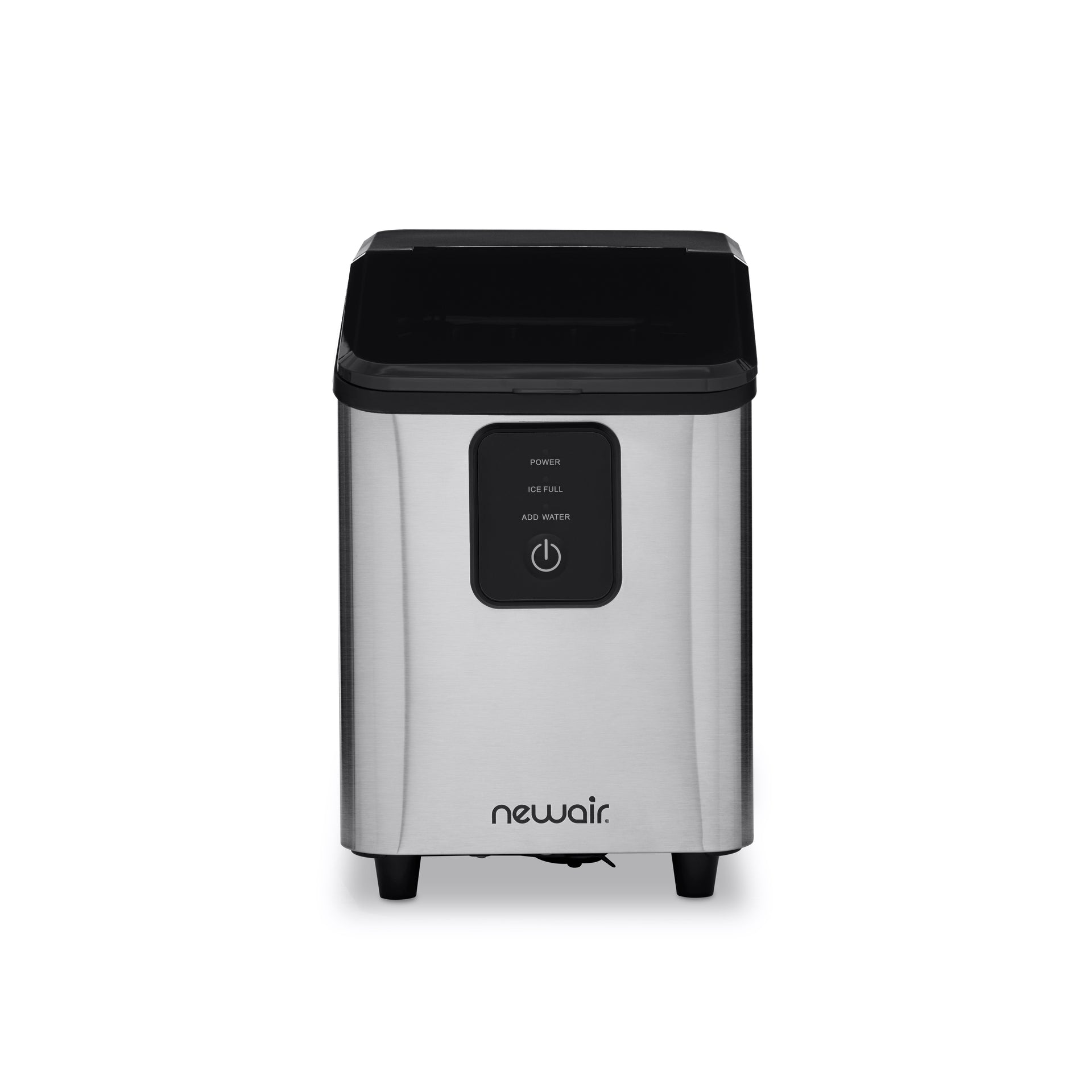 The Newair AI-110SS ice maker photographed head-on against a white background under studio lighting.