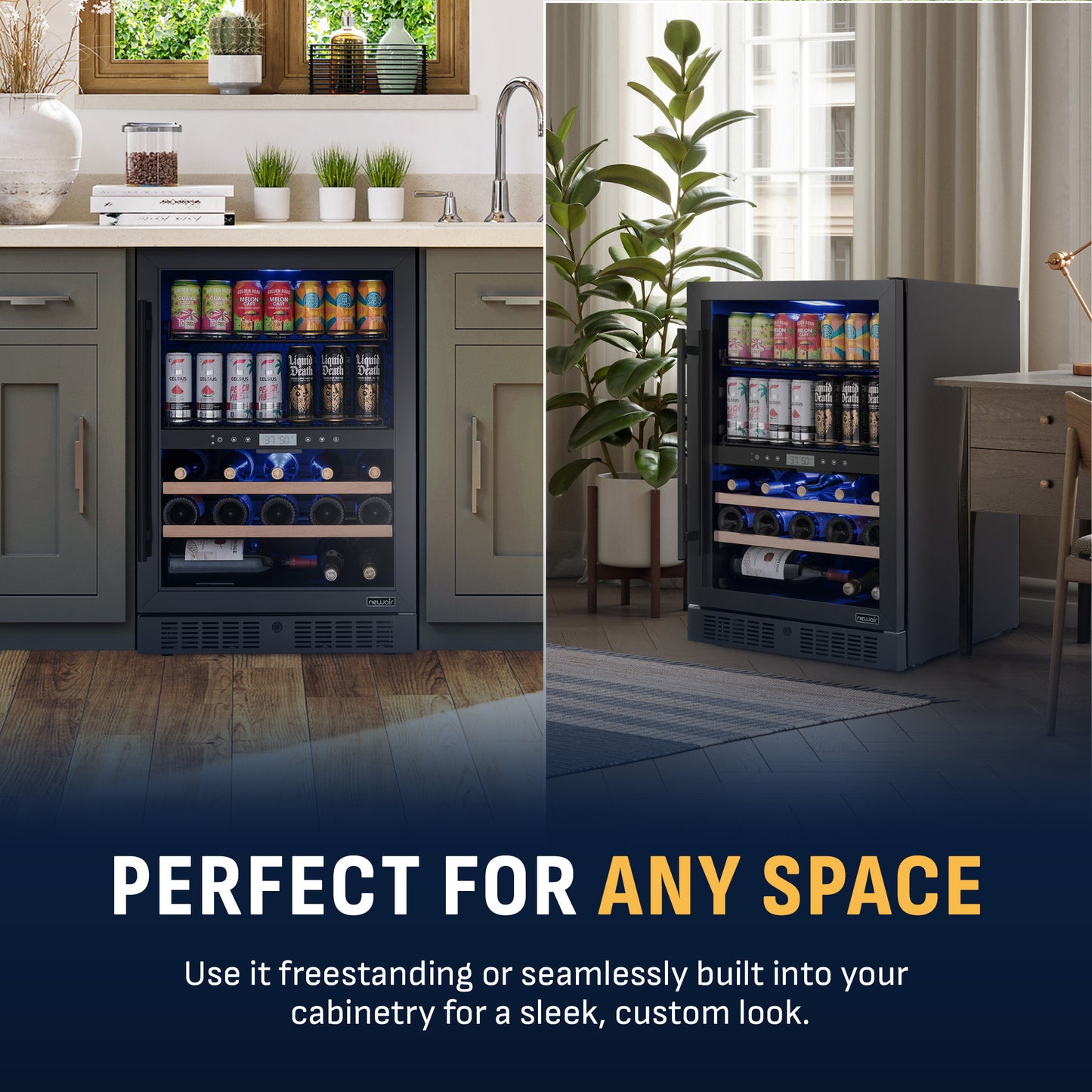 Newair® 100-Can, 24-Bottle Built-in Dual Zone Black Beverage Fridge - 24"