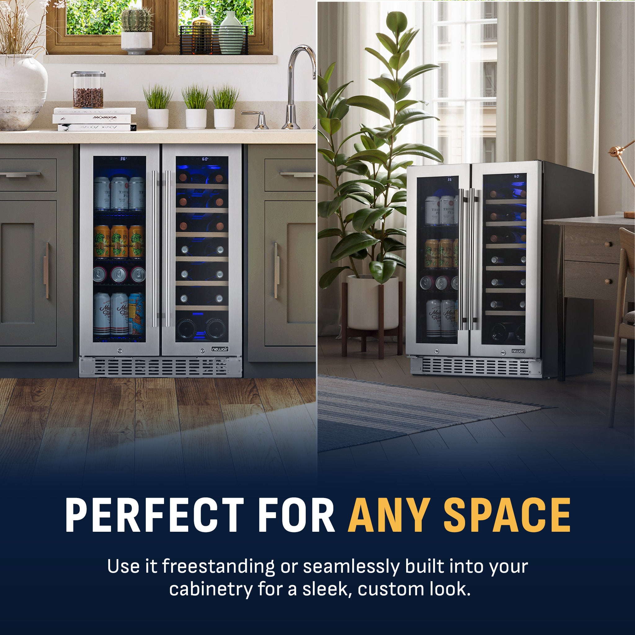 58-Can, 18-Bottle Premium Built-in Dual Zone Beverage Fridge | Newair