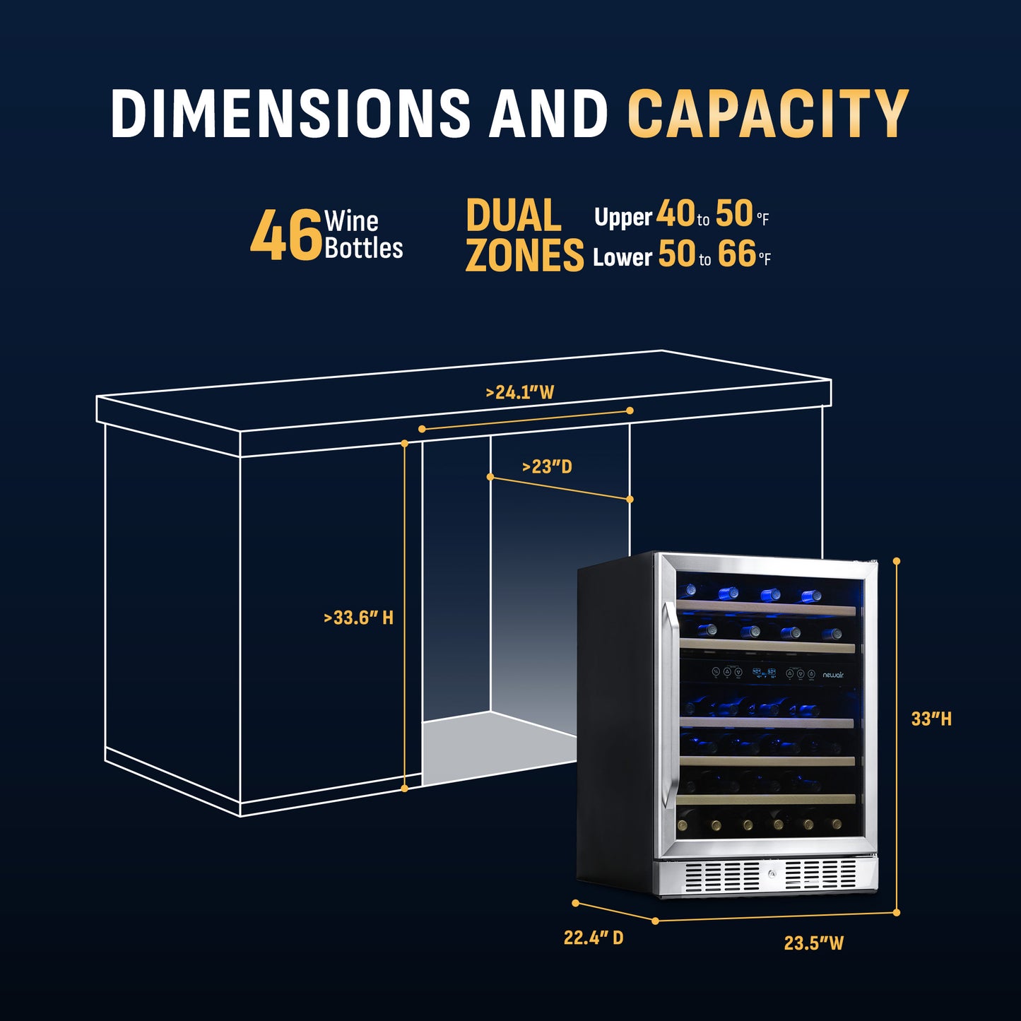Newair® Premium 46-Bottle Built-In Dual Zone Wine Fridge in Stainless Steel -  23.5"