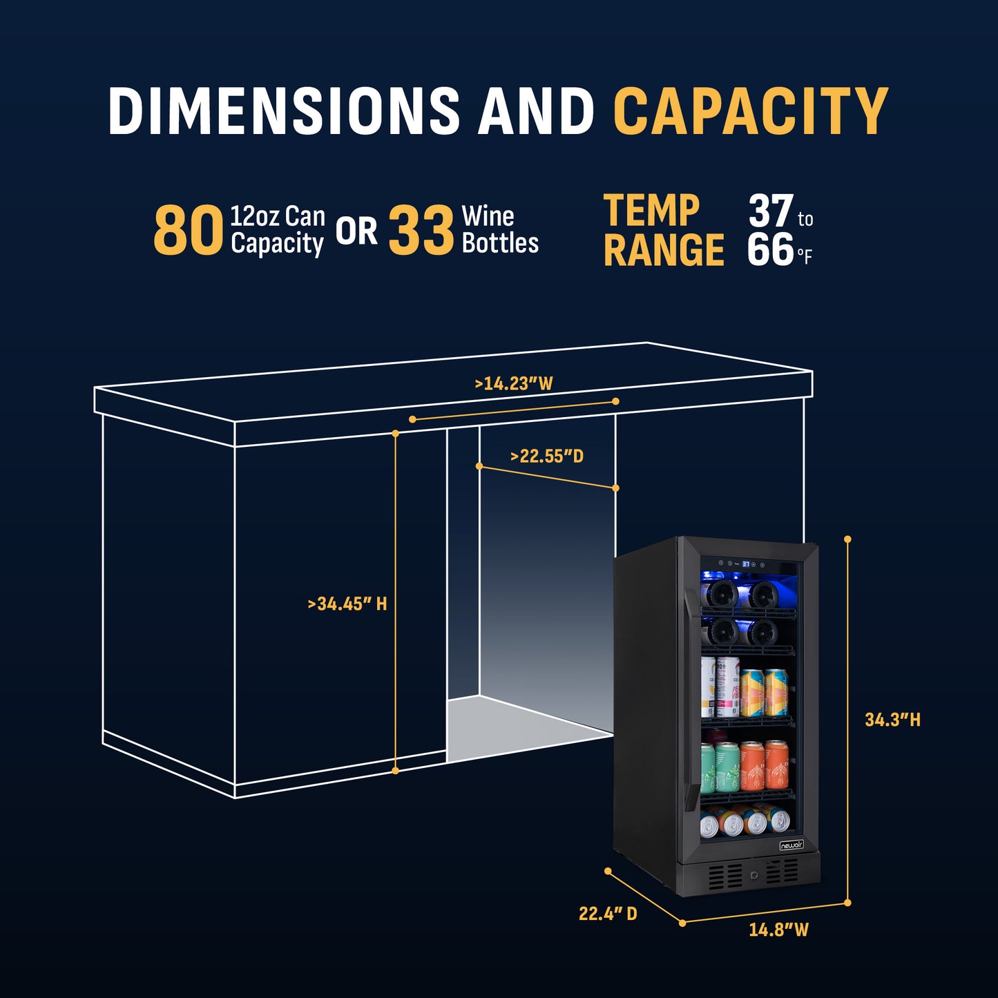 Newair® 80-Can, 33-Bottle Built-in Black Beverage Fridge - 15"