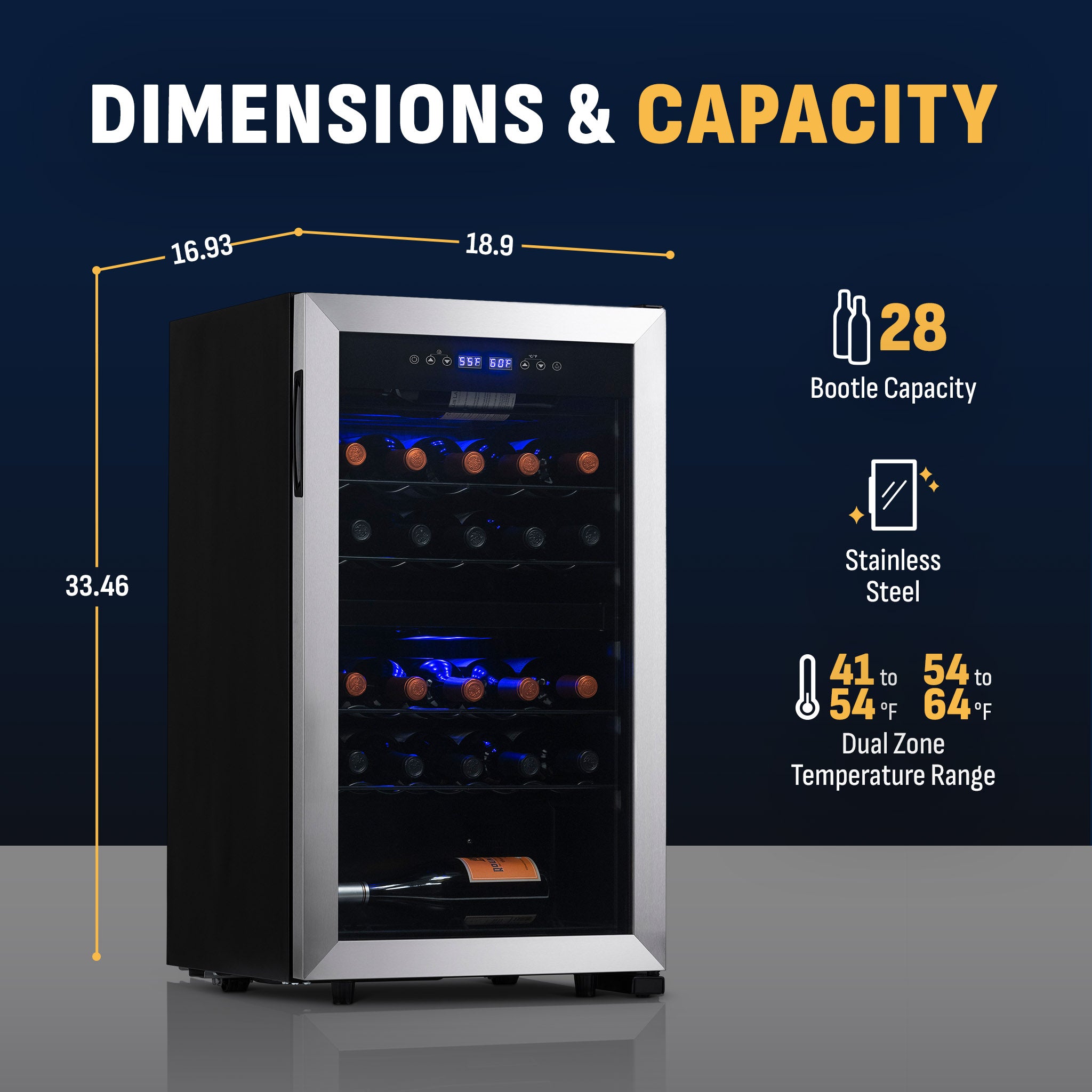 28-Bottle Stainless Steel Freestanding Dual Zone Wine Fridge | Newair