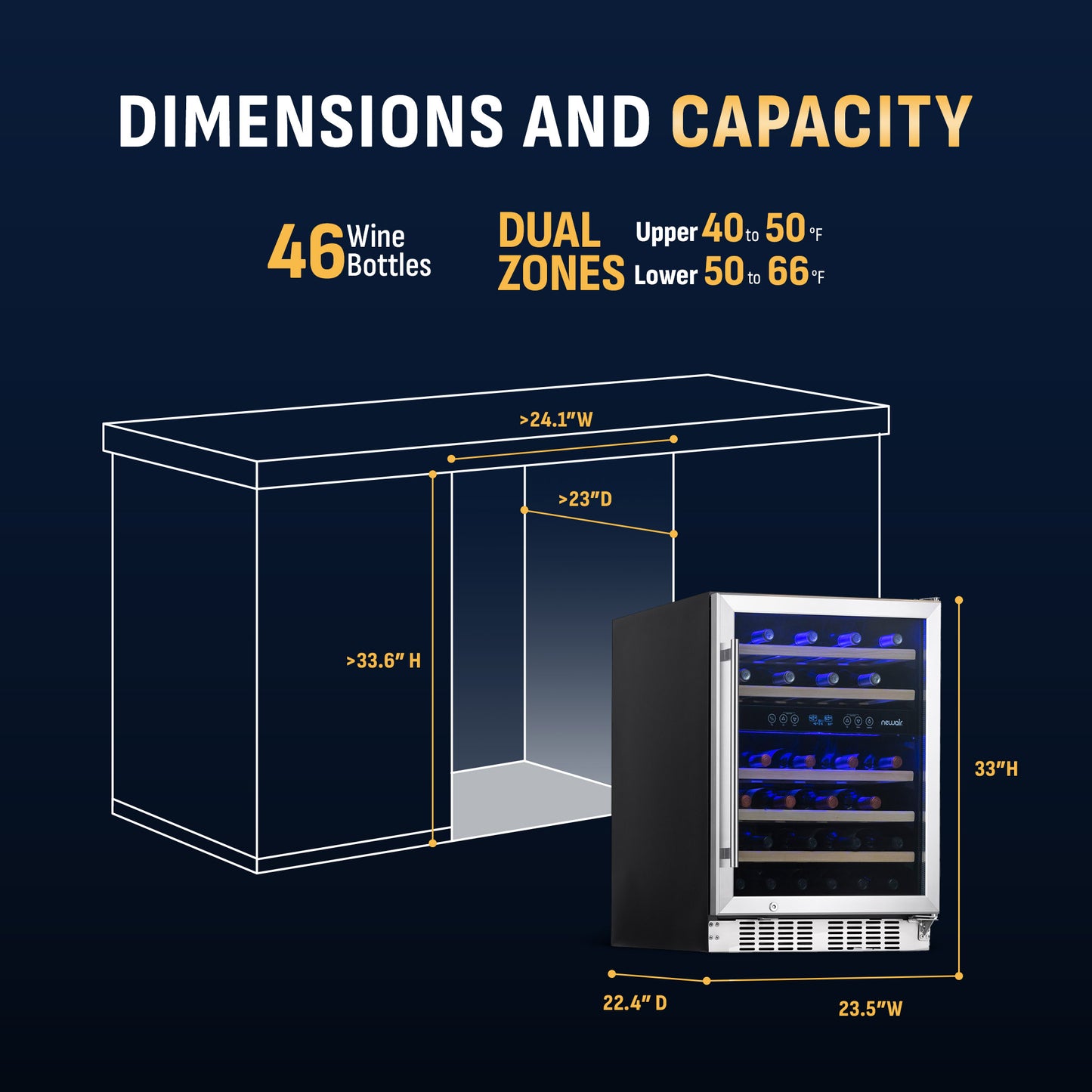 Newair® Premium 46-Bottle Built-In Dual Zone Wine Fridge in Stainless Steel -  23.5"
