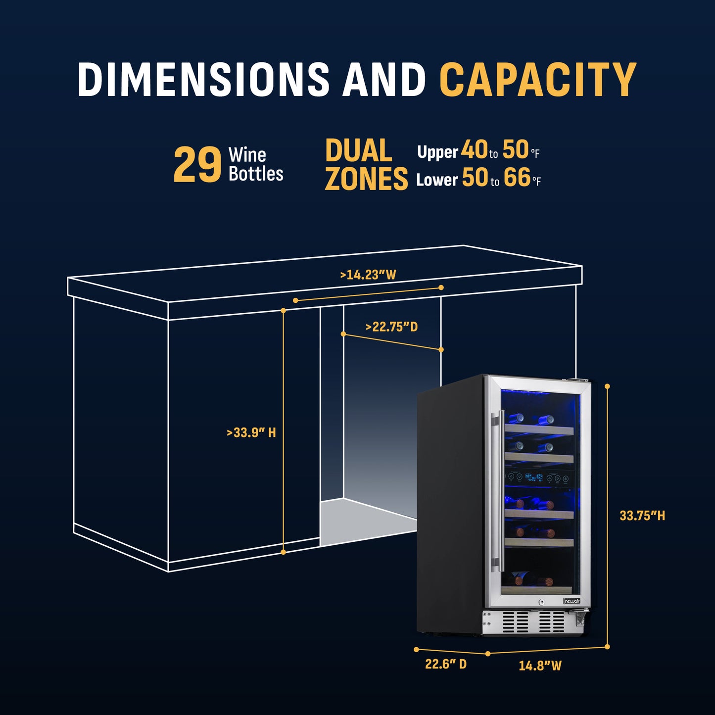 Newair® 29-Bottle 14.8" Stainless Steel Built-In Dual Zone Wine Fridge