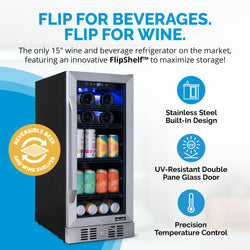 Newair 15” FlipShelf™ Wine and Beverage Refrigerator, Reversible Shelves Hold 80 Cans or 33 Bottles, Stainless Steel & Double-Layer Tempered Glass Door, Quiet Compressor Cooling, Compact Wine Cellar, Built-in Counter or Freestanding Fridge