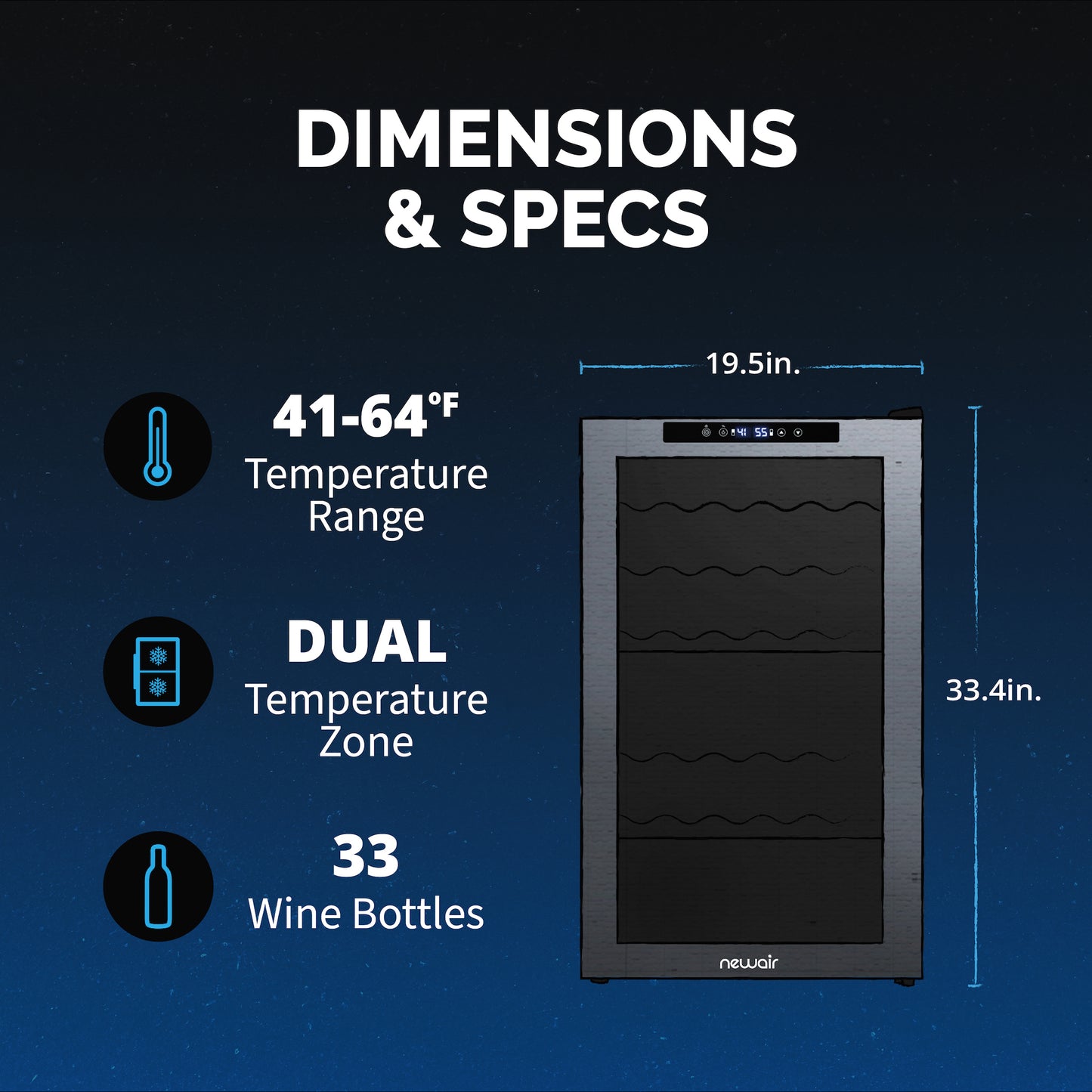 Newair® 33-Bottle 19.5" Black Freestanding Dual Zone Wine Fridge