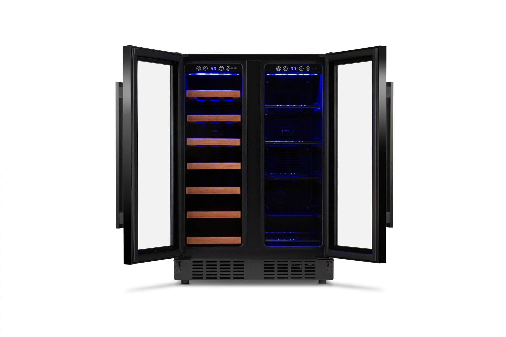 Front facing opened dual zone wine and beverage cooler combo