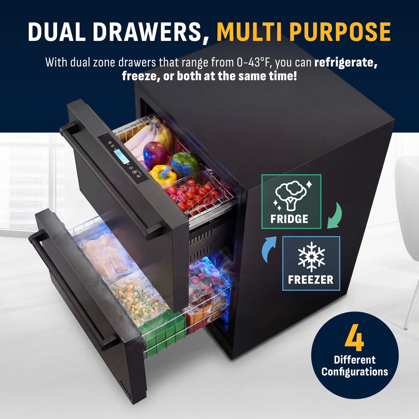 Newair 24 Inch Indoor Outdoor Dual Drawer Freezer Fridge Convertible Refrigerator Black Stainless Steel