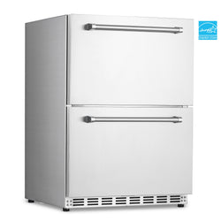 NewAir 24” 4.0 Cu. Ft. Dual Drawer Commercial Grade Wine and Beverage Fridge, Stainless Steel Built-in Design, Weatherproof and Outdoor Rated, Fingerprint Resistant and Slow Closing Door, Wire Basket and 2 Drawer Organizers Included, and Anti-Tip Brackets