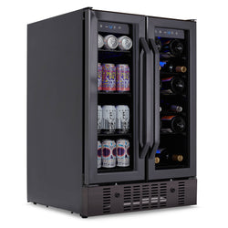 Newair 24” Built-in Dual Zone 18 Bottle and 58 Can Wine and Beverage Refrigerator and Cooler in Black Stainless Steel with French Doors and Adjustable Shelves