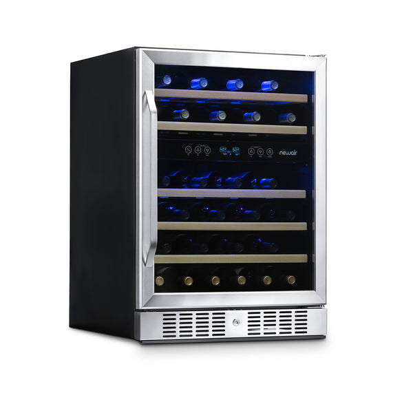 Newair  24” Built-in 46 Bottle Dual Zone Wine Fridge No recess,in Stainless Steel, Quiet Operation with Beech Wood Shelves Wine Coolers  No